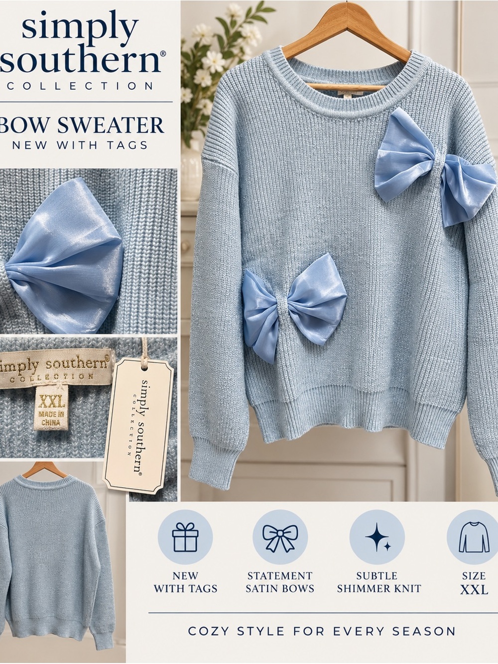NWT Simply Southern Baby Blue Satin Bow Shimmer Sweater XXL Coquette Preppy